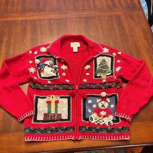 VTG Carly St. Claire Cottage Core Detailed Festive Red Holiday Zip Up Sweater
